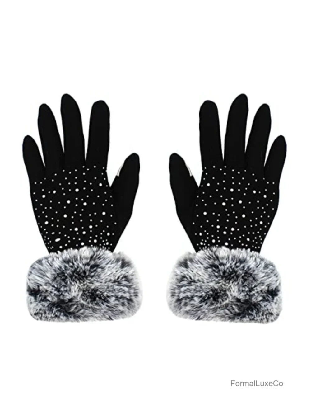 Rhinestone Touchscreen Fleece Lined Winter Gloves with Faux Fur Cuffs